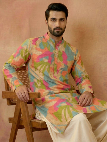 Men's Multicolor Abstract Print Kurta with Off-White Patiala Salwar Set