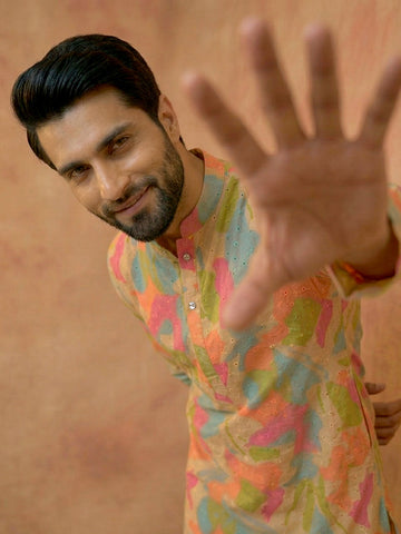 Men's Multicolor Abstract Print Kurta with Off-White Patiala Salwar Set