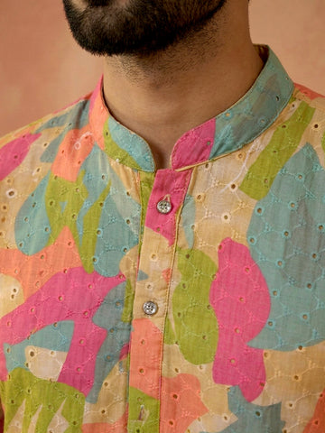 Men's Multicolor Abstract Print Kurta with Off-White Patiala Salwar Set