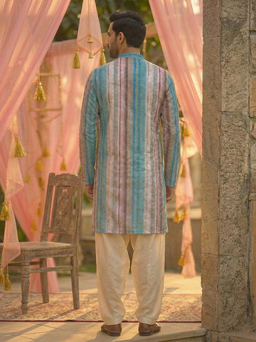 Men's Pastel Multicolor Striped Kurta with Cream Patiala Salwar Set
