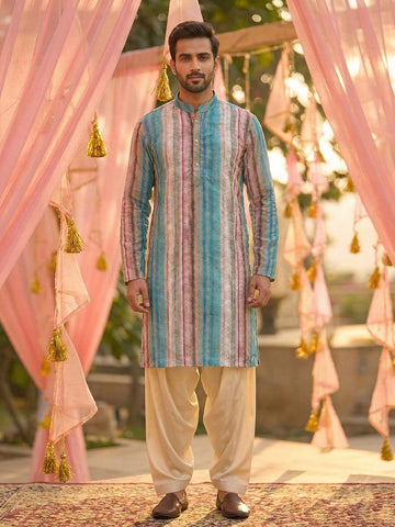 Men's Pastel Multicolor Striped Kurta with Cream Patiala Salwar Set