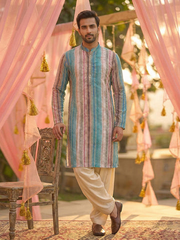 Men's Pastel Multicolor Striped Kurta with Cream Patiala Salwar Set