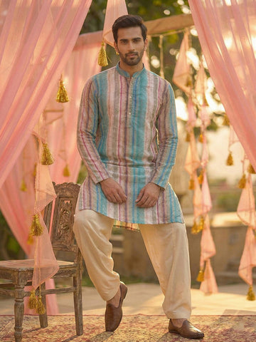 Men's Pastel Multicolor Striped Kurta with Cream Patiala Salwar Set