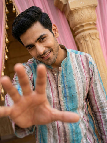 Men's Pastel Multicolor Striped Kurta with Cream Patiala Salwar Set
