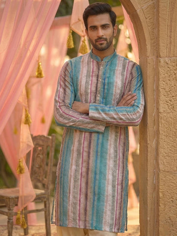 Men's Pastel Multicolor Striped Kurta with Cream Patiala Salwar Set