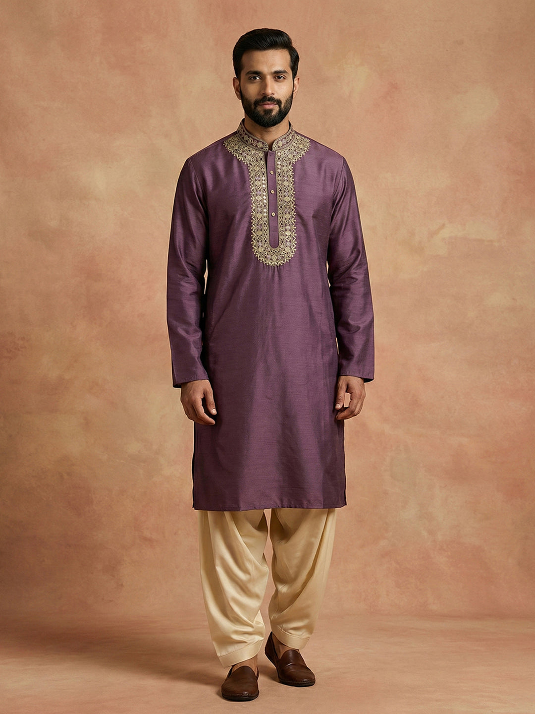 Chhaap Purple Coding With Mirror Work Mandarin Collar Kurta And Patiala