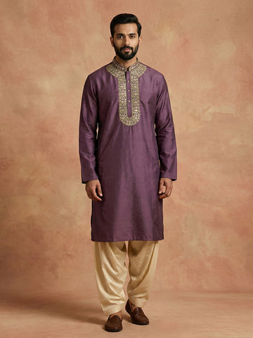 Chhaap Purple Coding With Mirror Work Mandarin Collar Kurta And Patiala