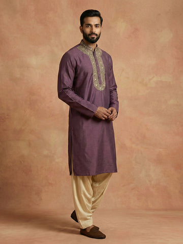 Chhaap Purple Coding With Mirror Work Mandarin Collar Kurta And Patiala
