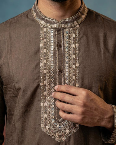 Men's Chocolate Brown Embroidered Kurta with Off-White Pants Set