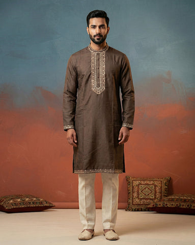 Men's Chocolate Brown Embroidered Kurta with Off-White Pants Set