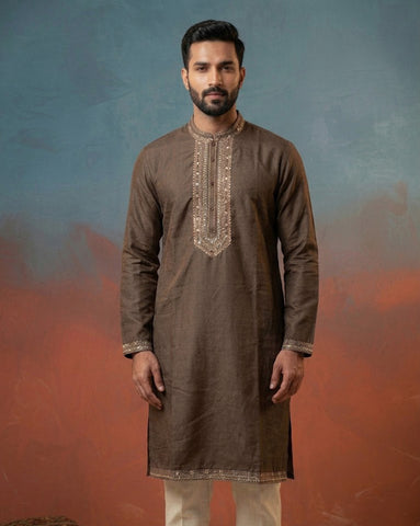 Men's Chocolate Brown Embroidered Kurta with Off-White Pants Set