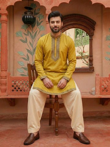 Men's Mustard Yellow Embroidered Kurta & Off-White Patiala Set