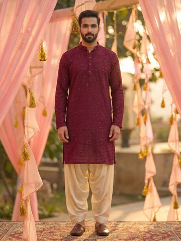 CHHAAP Men Maroon Sequined Georgette Kurta with Off-White Patiala Set