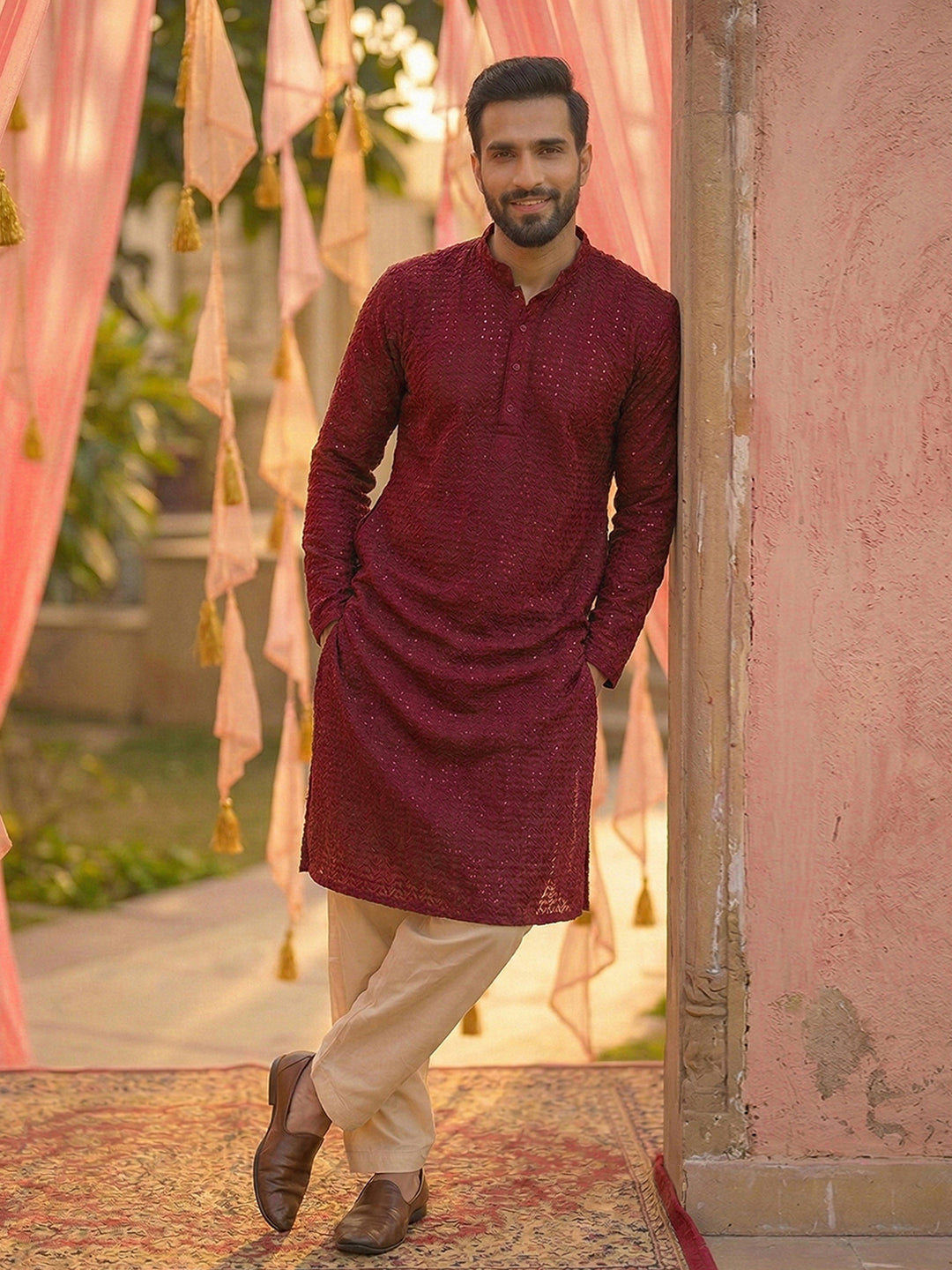 CHHAAP Men Maroon Sequined Georgette Kurta with Off-White Patiala Set