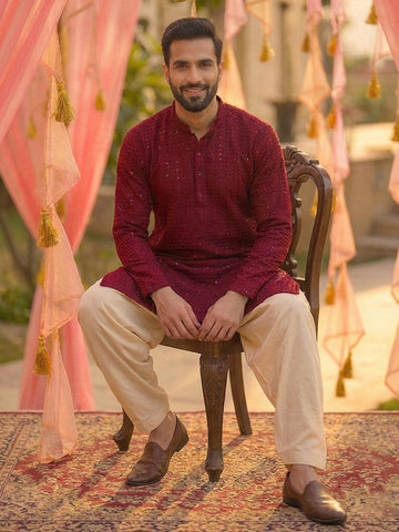 CHHAAP Men Maroon Sequined Georgette Kurta with Off-White Patiala Set