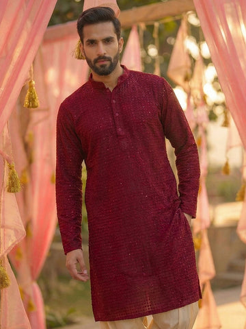 CHHAAP Men Maroon Sequined Georgette Kurta with Off-White Patiala Set