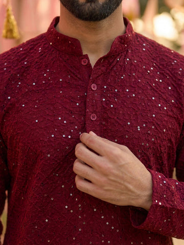 CHHAAP Men Maroon Sequined Georgette Kurta with Off-White Patiala Set
