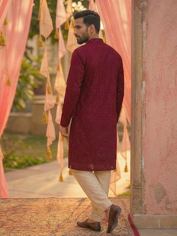 CHHAAP Men Maroon Sequined Georgette Kurta with Off-White Patiala Set