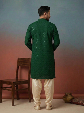 Chhaap Green Rayon Sequence and Thread Embroidered Mandarin Collar Kurta Set
