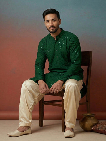 Chhaap Green Rayon Sequence and Thread Embroidered Mandarin Collar Kurta Set