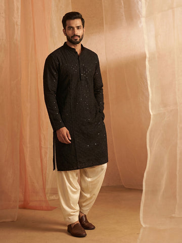Men's Jet Black Lucknowi Chikankari Kurta with Off-White Patiala Salwar Set