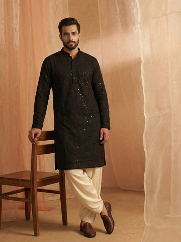 Men's Jet Black Lucknowi Chikankari Kurta with Off-White Patiala Salwar Set