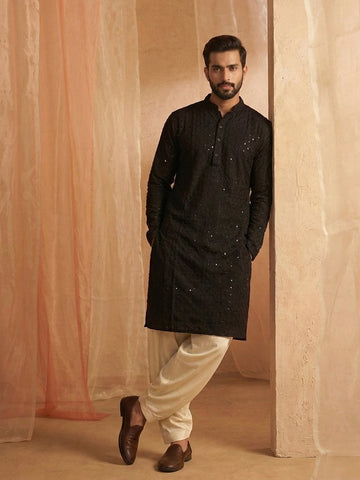Men's Jet Black Lucknowi Chikankari Kurta with Off-White Patiala Salwar Set