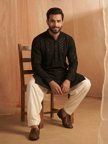 Men's Jet Black Lucknowi Chikankari Kurta with Off-White Patiala Salwar Set