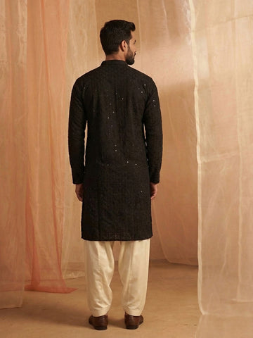 Men's Jet Black Lucknowi Chikankari Kurta with Off-White Patiala Salwar Set