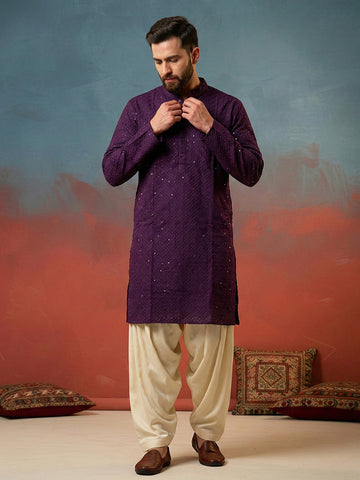 CHHAAP Men's Deep Purple Georgette Chikankari Kurta with Off-White Patiala Salwar Set