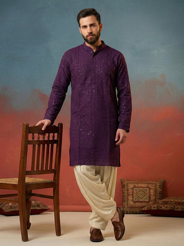 CHHAAP Men's Deep Purple Georgette Chikankari Kurta with Off-White Patiala Salwar Set