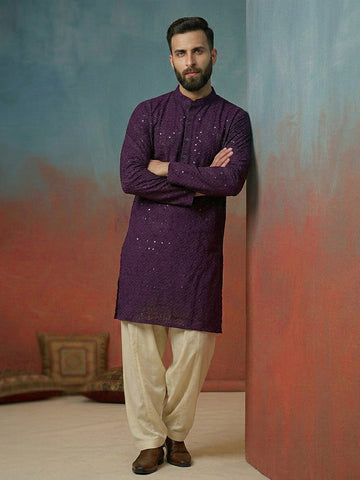CHHAAP Men's Deep Purple Georgette Chikankari Kurta with Off-White Patiala Salwar Set
