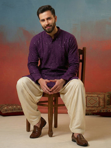 CHHAAP Men's Deep Purple Georgette Chikankari Kurta with Off-White Patiala Salwar Set