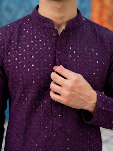 CHHAAP Men's Deep Purple Georgette Chikankari Kurta with Off-White Patiala Salwar Set