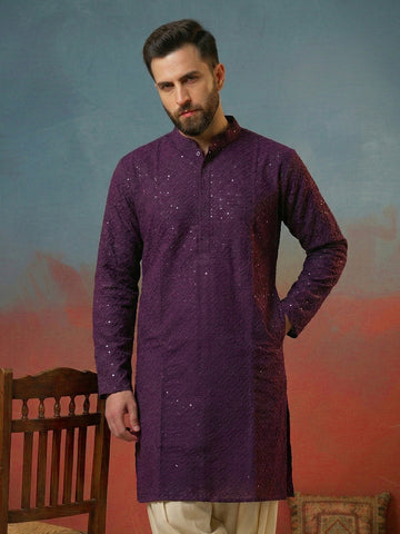CHHAAP Men's Deep Purple Georgette Chikankari Kurta with Off-White Patiala Salwar Set