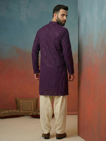 CHHAAP Men's Deep Purple Georgette Chikankari Kurta with Off-White Patiala Salwar Set