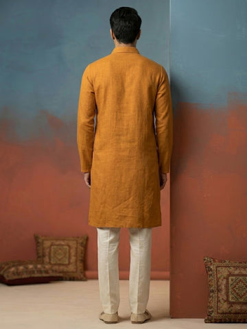 Men Mustard Yellow Solid Linen Kurta with Off-White Pants Set