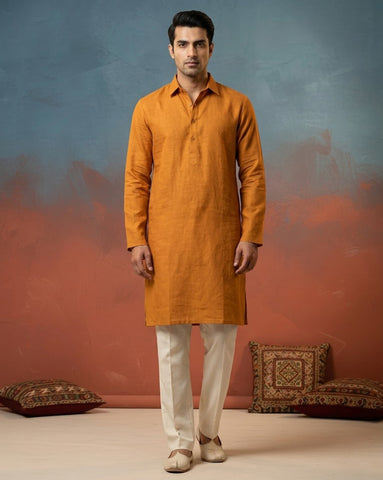 Men Mustard Yellow Solid Linen Kurta with Off-White Pants Set