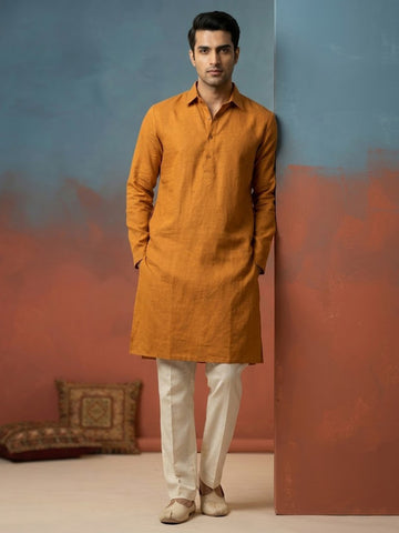 Men Mustard Yellow Solid Linen Kurta with Off-White Pants Set