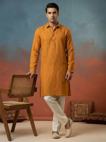 Men Mustard Yellow Solid Linen Kurta with Off-White Pants Set