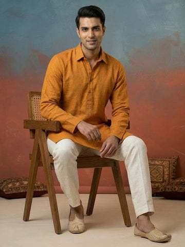 Men Mustard Yellow Solid Linen Kurta with Off-White Pants Set