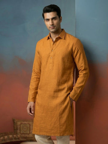 Men Mustard Yellow Solid Linen Kurta with Off-White Pants Set