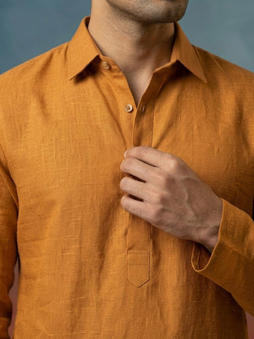 Men Mustard Yellow Solid Linen Kurta with Off-White Pants Set