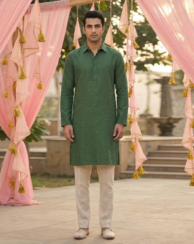 Men's Olive Green Collared Kurta with Beige Pants Set