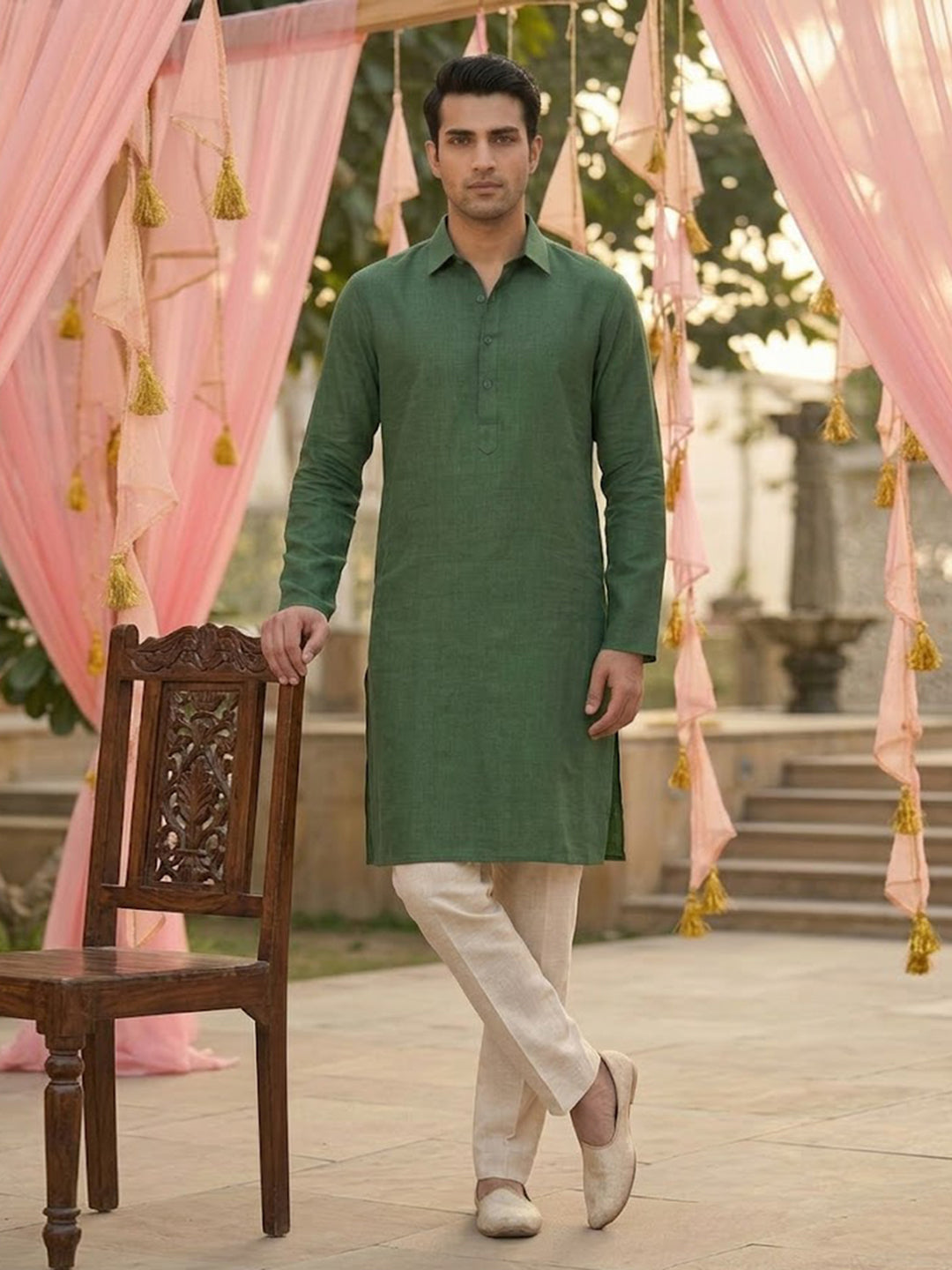 Men's Olive Green Collared Kurta with Beige Pants Set