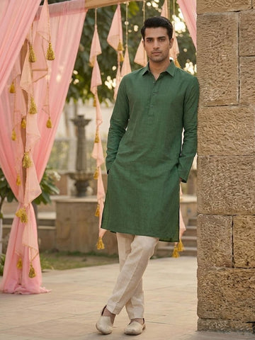 Men's Olive Green Collared Kurta with Beige Pants Set