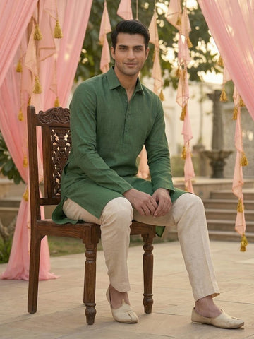 Men's Olive Green Collared Kurta with Beige Pants Set