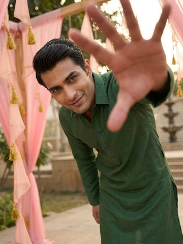 Men's Olive Green Collared Kurta with Beige Pants Set