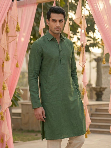 Men's Olive Green Collared Kurta with Beige Pants Set