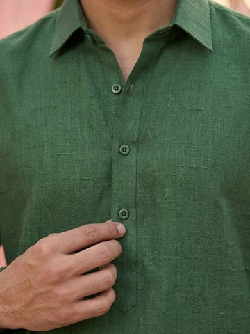 Men's Olive Green Collared Kurta with Beige Pants Set